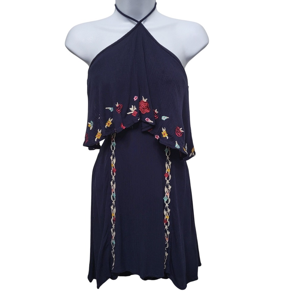 Chelsea & Violet Navy Blue Floral Embroidered Halter Open Back Mini Dress Boho